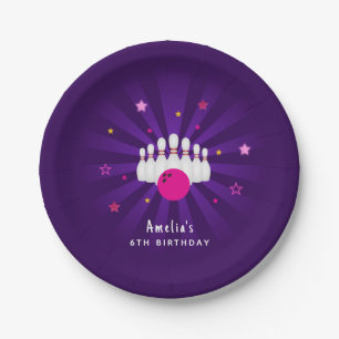 Pink Purple Stars Bowling Birthday Party Paper Plate