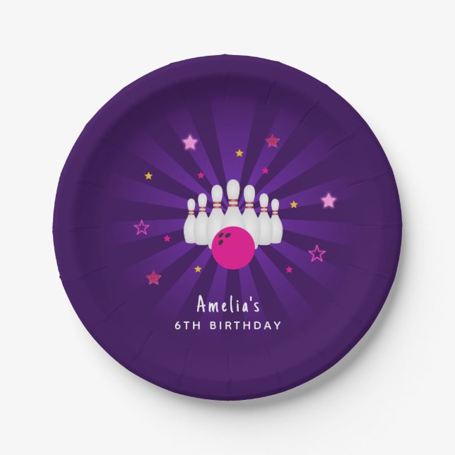 Pink Purple Stars Bowling Birthday Party Paper Plate (Front)