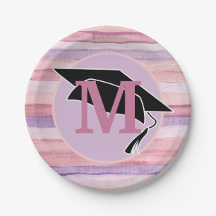 Pink Purple Striped Graduation Cap Monogram Paper Plate