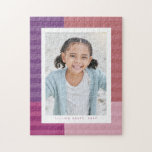 Pink purple stripes cute personalised photo jigsaw puzzle<br><div class="desc">A fun and colourful stripe pattern in shades of pinks and purples surrounds a single vertical photo with custom text. This photo gift is perfect for all ages - from kids to grandparents to commemorate a fun photo or event.</div>