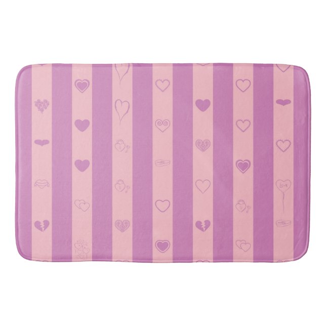 Pink Purple Stripes Modern Heart Pattern Bath Mat (Front)