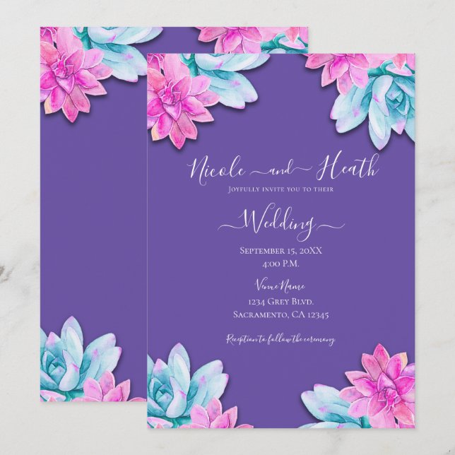 Pink Purple Succulents Modern Fiesta Wedding Invitation (Front/Back)