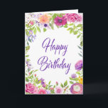 Pink Purple Summer Floral Happy Birthday Card<br><div class="desc">Send your July or August Birthday wishes with this beautiful summer floral design. Carefree purple,  pink and orange flowers are tucked into sweet green foliage. Happy Birthday is written in a pretty purple script.</div>