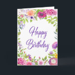 Pink Purple Summer Floral Happy Birthday Card<br><div class="desc">Send your July or August Birthday wishes with this beautiful summer floral design. Carefree purple,  pink and orange flowers are tucked into sweet green foliage. Happy Birthday is written in a pretty purple script.</div>