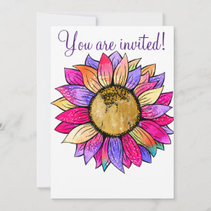 Pink & Purple Sunflower Watercolor Birthday Party Invitation