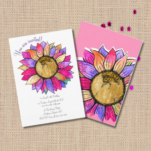 Pink & Purple Sunflower Watercolor Birthday Party Invitation