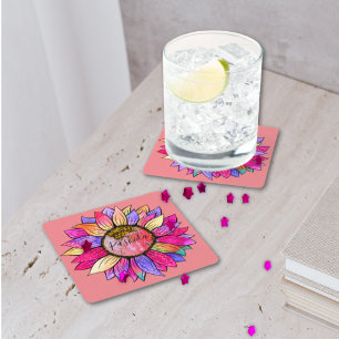 Pink & Purple Sunflower Watercolor Birthday Party Square Paper Coaster