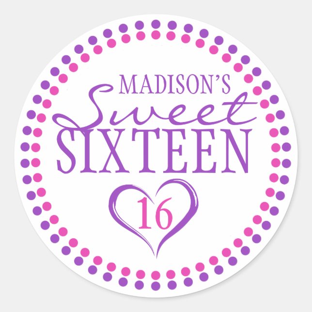 Pink Purple Sweet 16 Envelope Seal Sticker w Heart (Front)