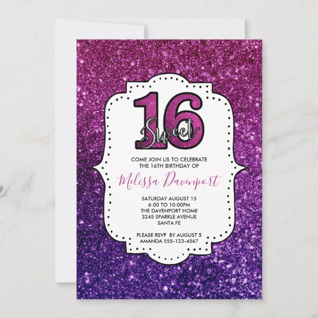 Pink & Purple Sweet 16 Sparkle Glitter Gemstones Invitation (Front)