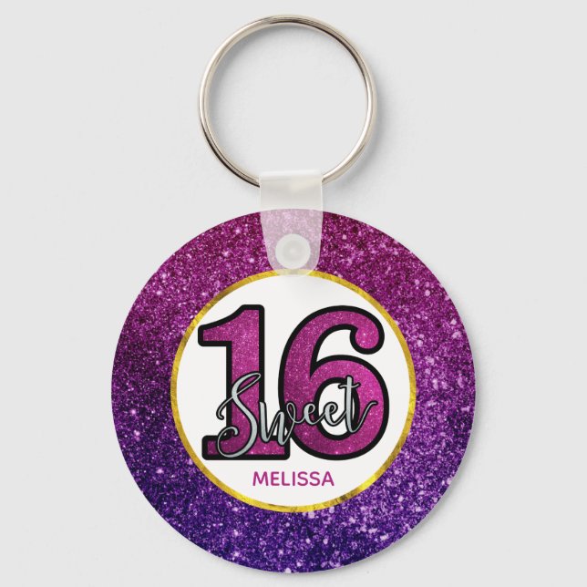 Pink & Purple Sweet 16 Sparkle Glitter Gemstones Key Ring (Front)