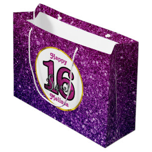 Pink & Purple Sweet 16 Sparkle Glitter Gemstones Large Gift Bag