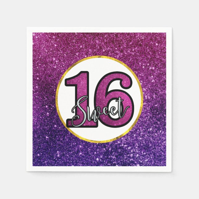 Pink & Purple Sweet 16 Sparkle Glitter Gemstones Napkin (Front)