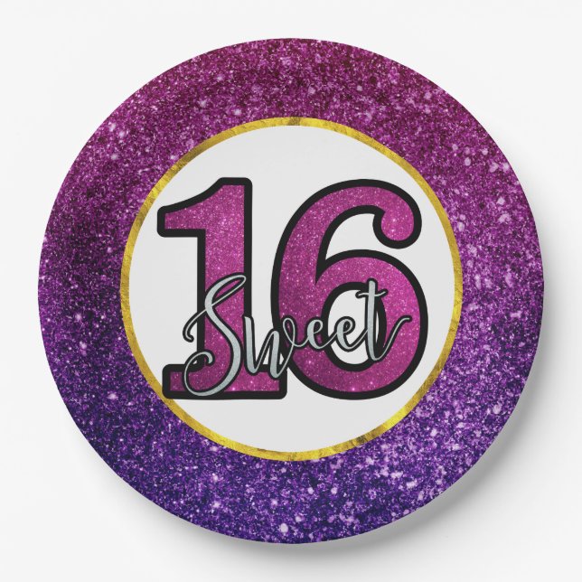 Pink & Purple Sweet 16 Sparkle Glitter Gemstones Paper Plate (Front)