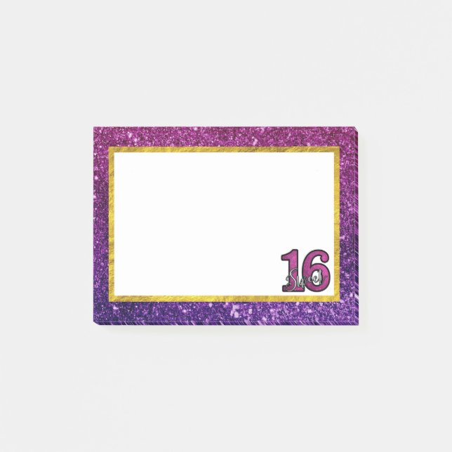Pink & Purple Sweet 16 Sparkle Glitter Gemstones Post-it Notes (Front)