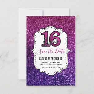 Pink & Purple Sweet 16 Sparkle Glitter Gemstones Save The Date