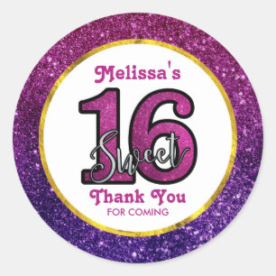 Pink & Purple Sweet 16 Sparkle Glitter Thank You Classic Round Sticker