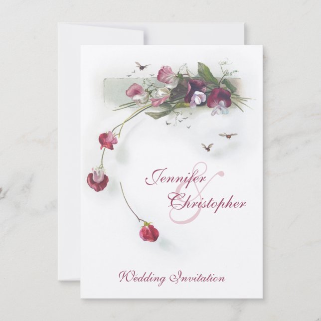 Pink purple sweetpea flowers wedding invitation (Front)