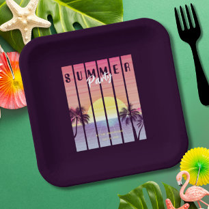 Pink Purple Synthwave Summer Party Paper Plate