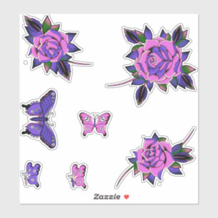 Pink Purple Tattoo Rose Skull Butterflies