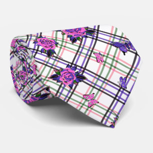 Pink Purple Tattoo Rose Skull Butterflies Plaid Tie