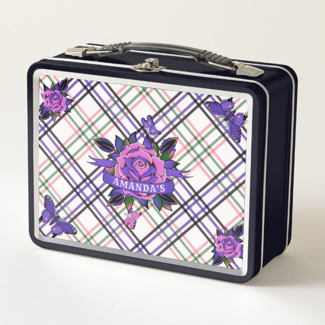 Pink Purple Tattoo Roses Butterflies Plaid Metal Lunch Box (Front)