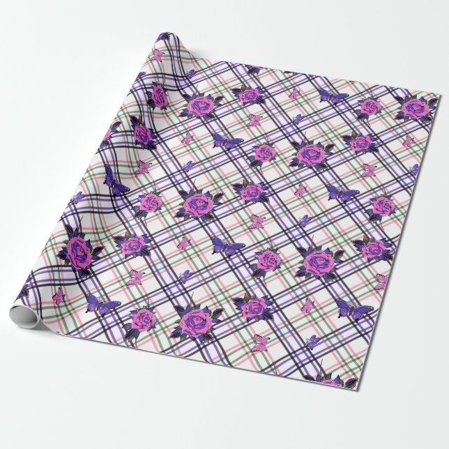 Pink Purple Tattoo Roses Butterflies Plaid Wrapping Paper (Unrolled)