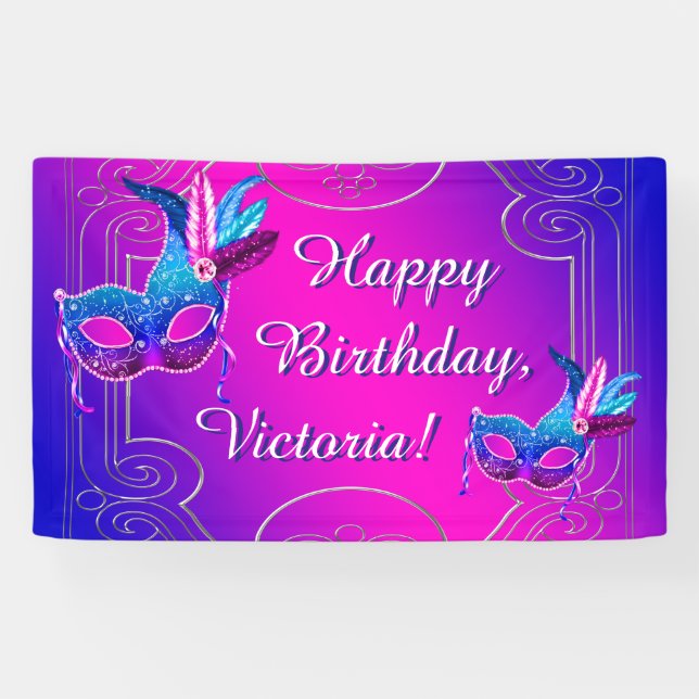 Pink Purple Teal Blue Masquerade Birthday Party Banner (Horizontal)