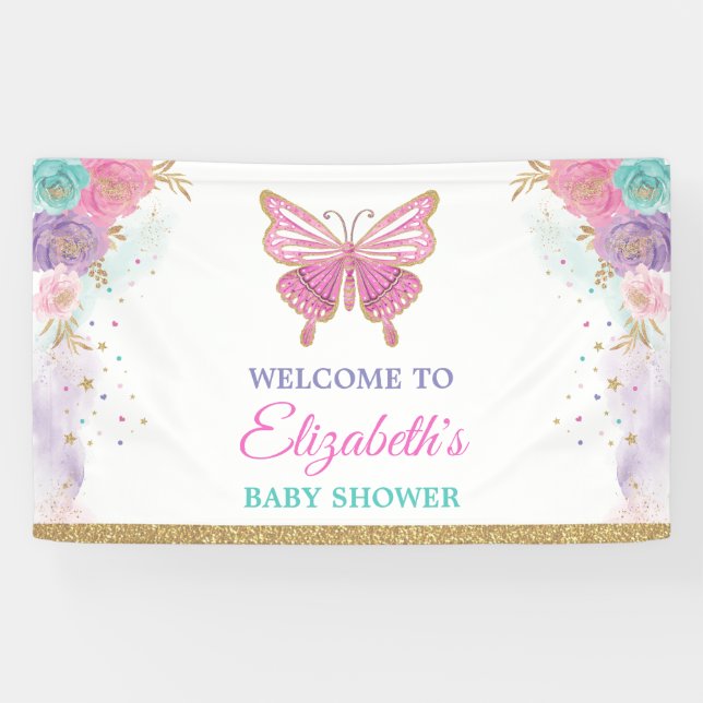 Pink Purple Teal Butterfly Girls Birthday Welcome Banner (Horizontal)