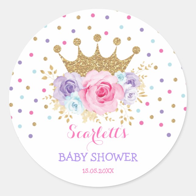 Pink Purple Teal Crown Princess Baby Shower Girl Classic Round Sticker (Front)