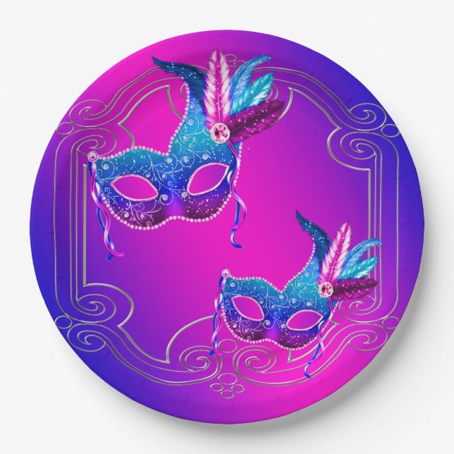 Pink Purple Teal Masquerade Paper Plate (Front)