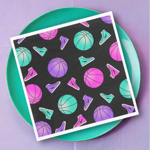 Pink Purple Teal Neon Basketball Sneakers Birthday Napkin