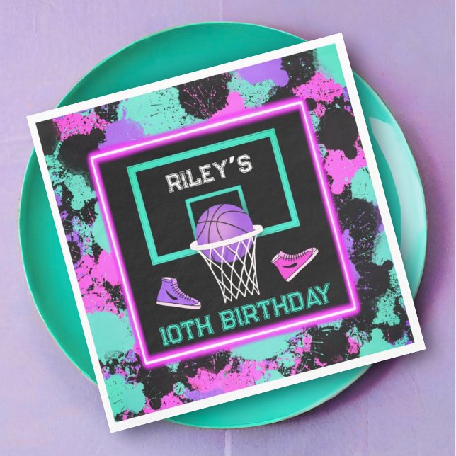 Pink Purple Teal PaintSplatter Basketball Birthday Napkin (Creator Uploaded)