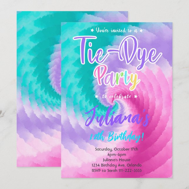 Pink Purple Teal Tiedye Birthday Invitation (Front/Back)
