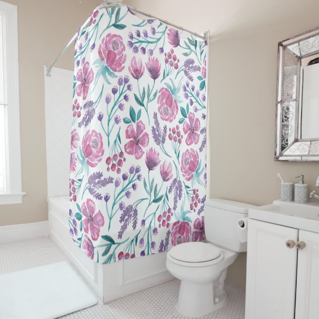 Pink Purple Teal Watercolor Flowers Pattern Shower Curtain (In Situ)