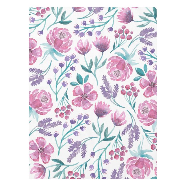 Pink Purple Teal Watercolor Flowers Pattern Tablecloth (Front)