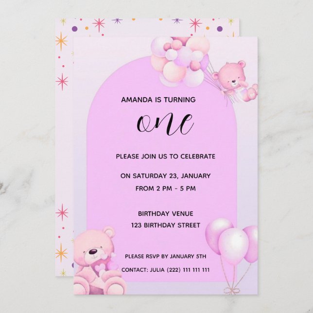 Pink Purple Teddy Bear 1st Birthday Invitation (Front/Back)