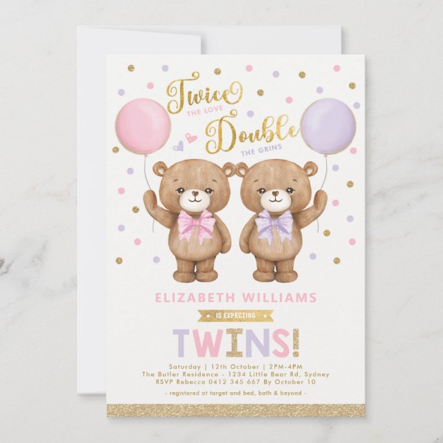Pink Purple Teddy Bear Twins Balloon Baby Shower Invitation (Front)
