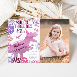 Pink Purple Three Rex Girl Dinosaur Birthday Invitation