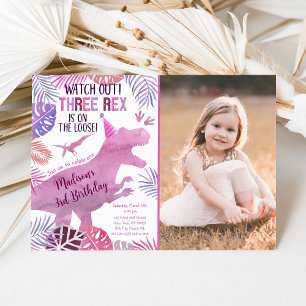 Pink Purple Three Rex Girl Dinosaur Birthday Invitation