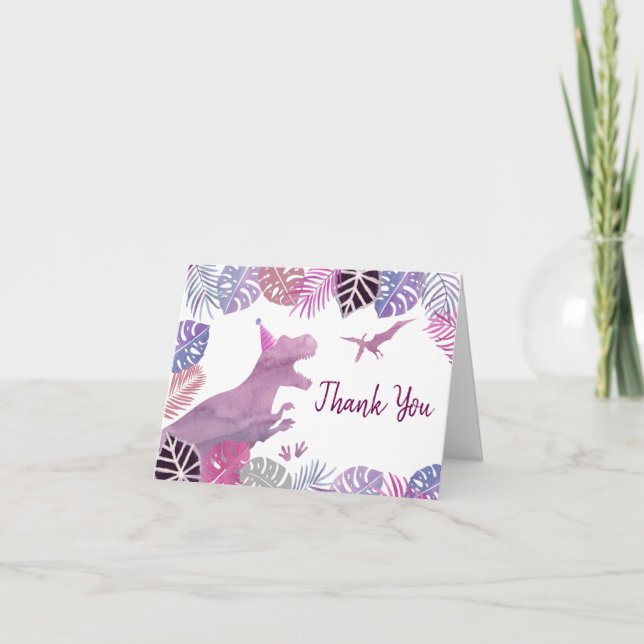 Pink Purple Three Rex Girl Dinosaur Birthday Thank You Card (Front)
