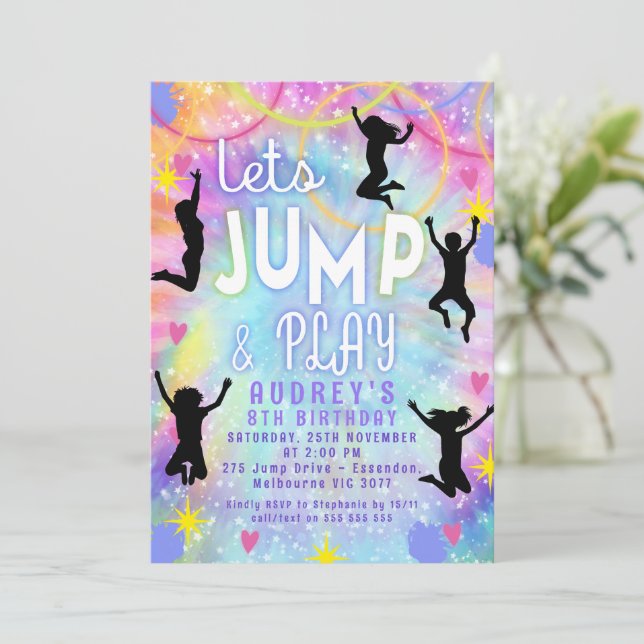 Pink Purple Tie Dye Retro Jump and Play Birthday Invitation (Standing Front)