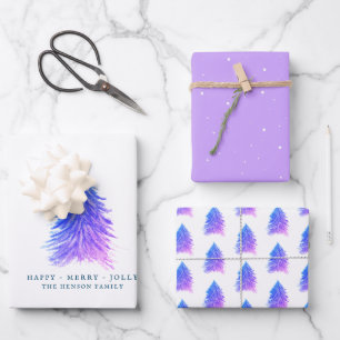 Pink Purple Trees Watercolor Christmas Holiday Wrapping Paper Sheet