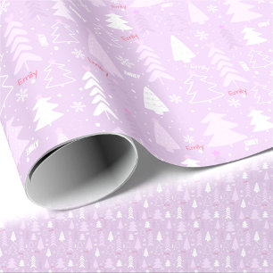 Pink Purple Trees Winter Name Text Christmas  Wrapping Paper