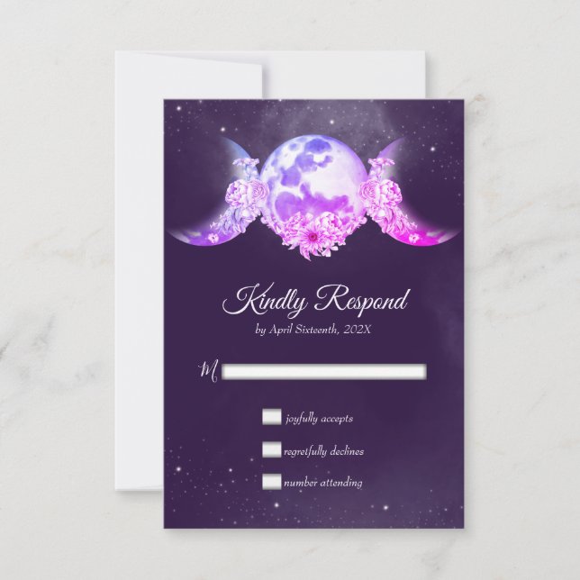 Pink & Purple Triple Moon Night Sky Handfasting RSVP Card (Front)