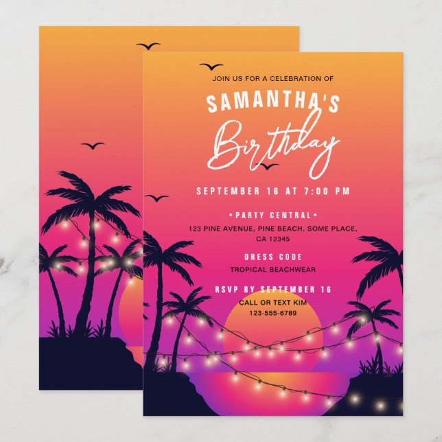 Pink & Purple Tropical Beach Sunset Birthday Party Invitation (Front/Back)