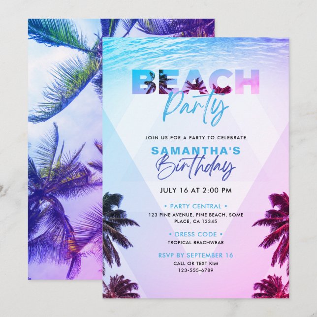 Pink & Purple Tropical Beach Sunset Birthday Party Invitation (Front/Back)