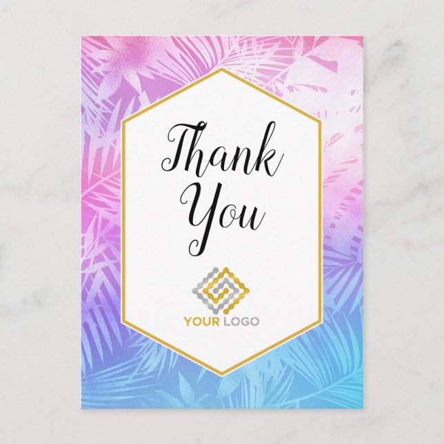 Pink Purple Tropical Thank You Logo Business Postcard (Front)