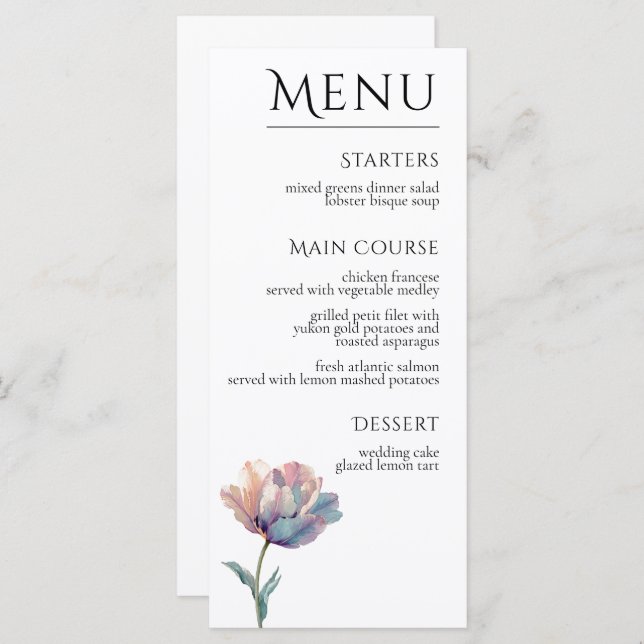Pink Purple Tulip Elegant Floral Wedding  Menu (Front/Back)