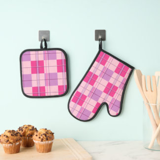 Pink Purple Twill Plaid Oven Mitt Pot Holder Set