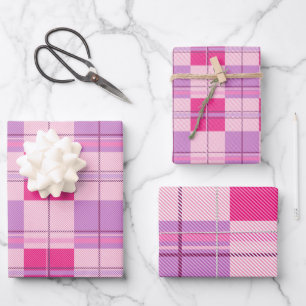 Pink Purple Twill Plaid Wrapping Paper Sheet Set